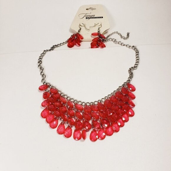 Women's Stunning Silver tone & Red Pink Beaded Necklace - Cluster beads Earrings - Picture 7 of 8